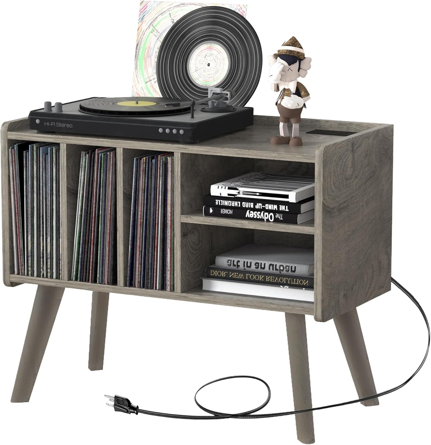 Forevich Record Player Stand Table with Vinyl Storage Holder Large Turntable Record Stand with Power Outlet Holds Up to 220 Albums Display Shelf Cabinet with Wood Legs for Living Room Oak
