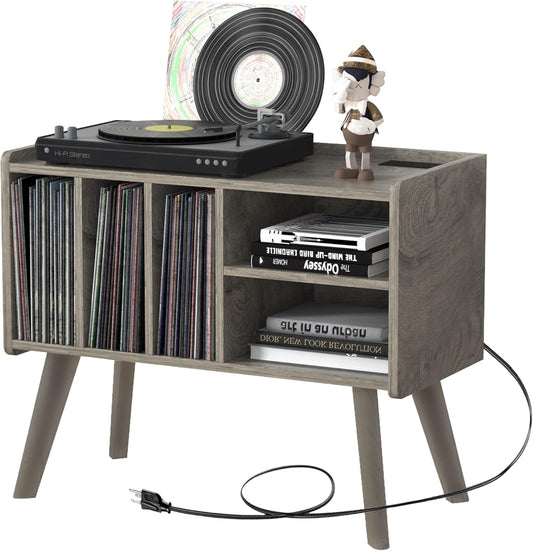 Forevich Record Player Stand Table with Vinyl Storage Holder Large Turntable Record Stand with Power Outlet Holds Up to 220 Albums Display Shelf Cabinet with Wood Legs for Living Room Oak