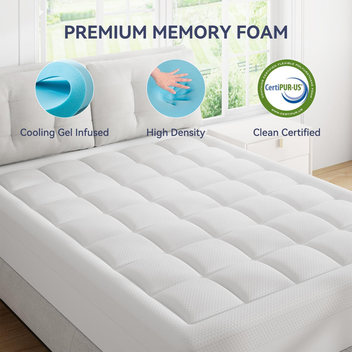 ELEMUSE Full XL Dual Layer 3 Inch Memory Foam Mattress Topper, 2 Inch Cooling Gel Memory Foam and 1 Inch Thick Soft Pillow Top Mattress Pad Cover for Back Pain Relief, Side Sleep Bed Topper
