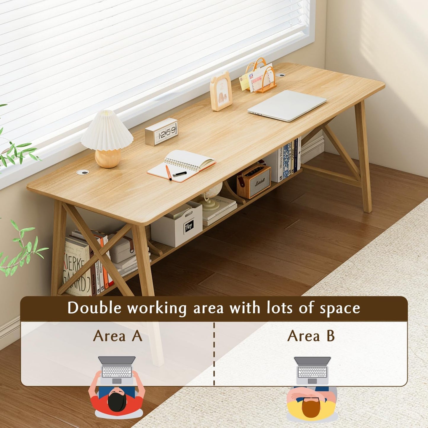 Extra Long Desk with Bookshelf - Wooden Home Office Work Study Table, Writing Computer Workstation with Storage Shelf in Oak, 47" Wx16 Dx30 H