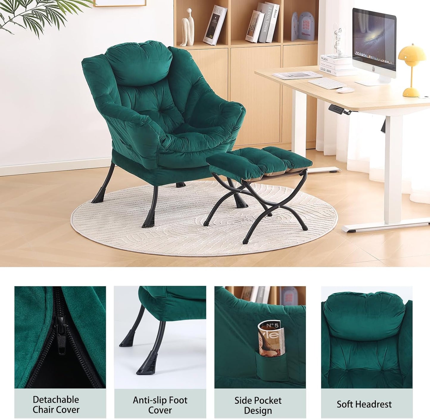 LITA Lazy Chair With Ottoman, Modern Accent Leisure Upholstered Sofa, Contemporary Lounge Reading With Armrests and Side Pocket for Living Room, Bedroom & Small Space, Dark Green