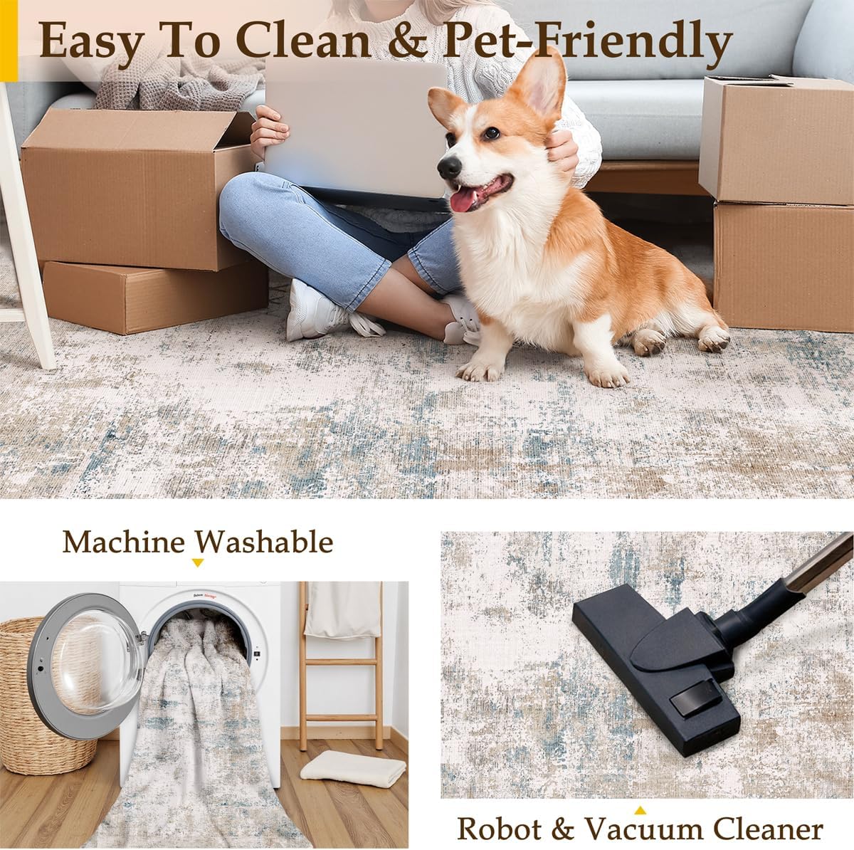 8x10 Washable Area Rug Beige Blue Neutral Abstract Living Room Bedroom Large Throw Rug Non Slip Soft Low Pile Indoor Floor Carpet for Dining Room Kitchen Office Entryway