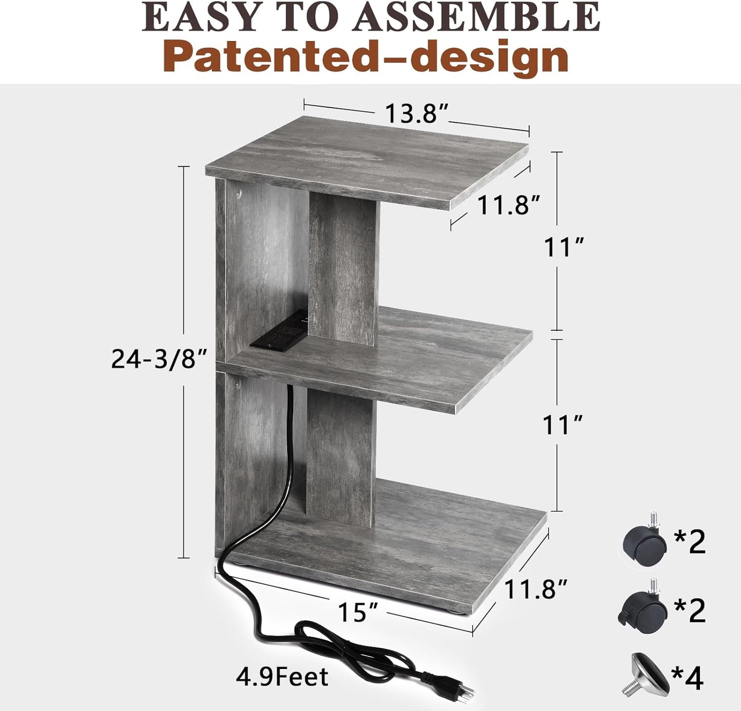 ZGREN End Table with Charging Station, Narrow Side Tables for Small Spaces with USB Ports and Outlets Rolling Bedside Nightstand Sofa Couch Slim Shelf Night Stand for Living Room, Bedroom, Grey