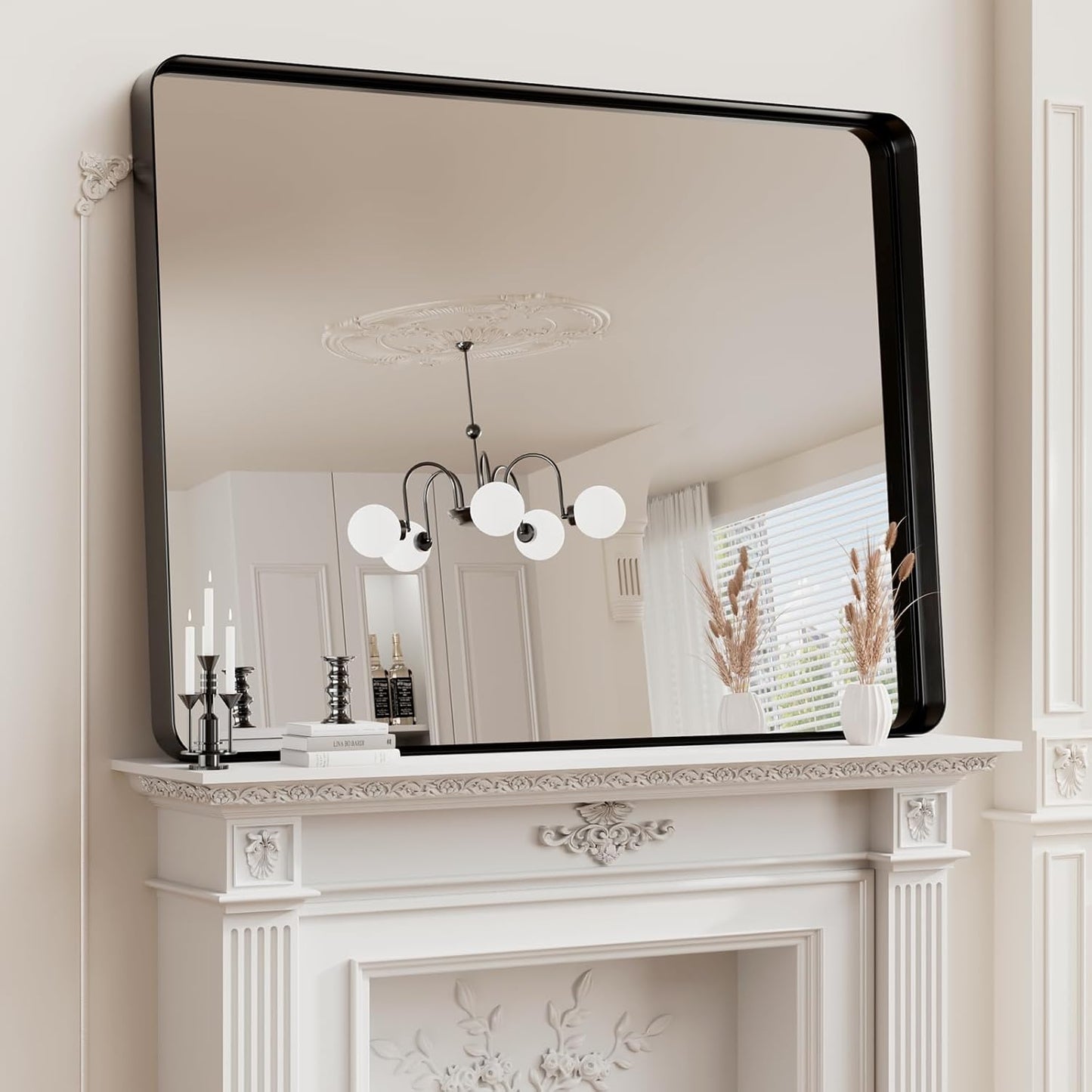 Koonmi Black Bathroom Mirror for Wall, 36x48 Inch Matte Metal Deep Framed Rounded Corner Wall Mirror, Shatterproof Tempered Glass for Farmhouse Bedroom Entryway, Vertically or Horizontally