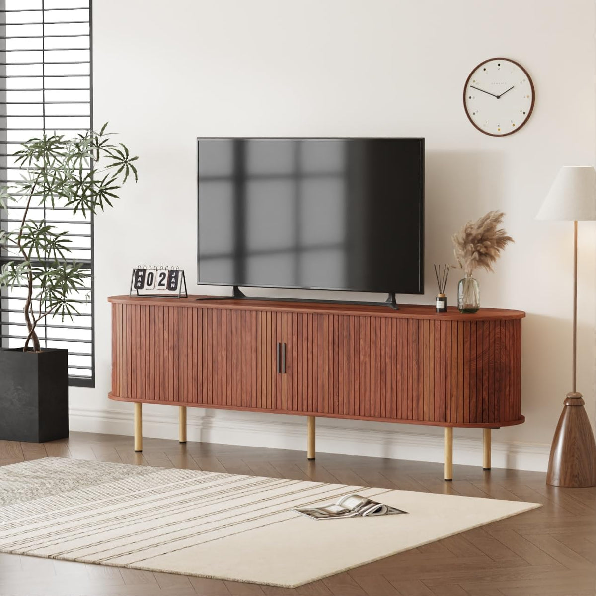 70.1" TV Stand, Modern TV Console Table with Storage Compartment and Sliding Door, Gaming Entertainment Center with Cabinet for Living Room, Bedroom, Office, Walnut