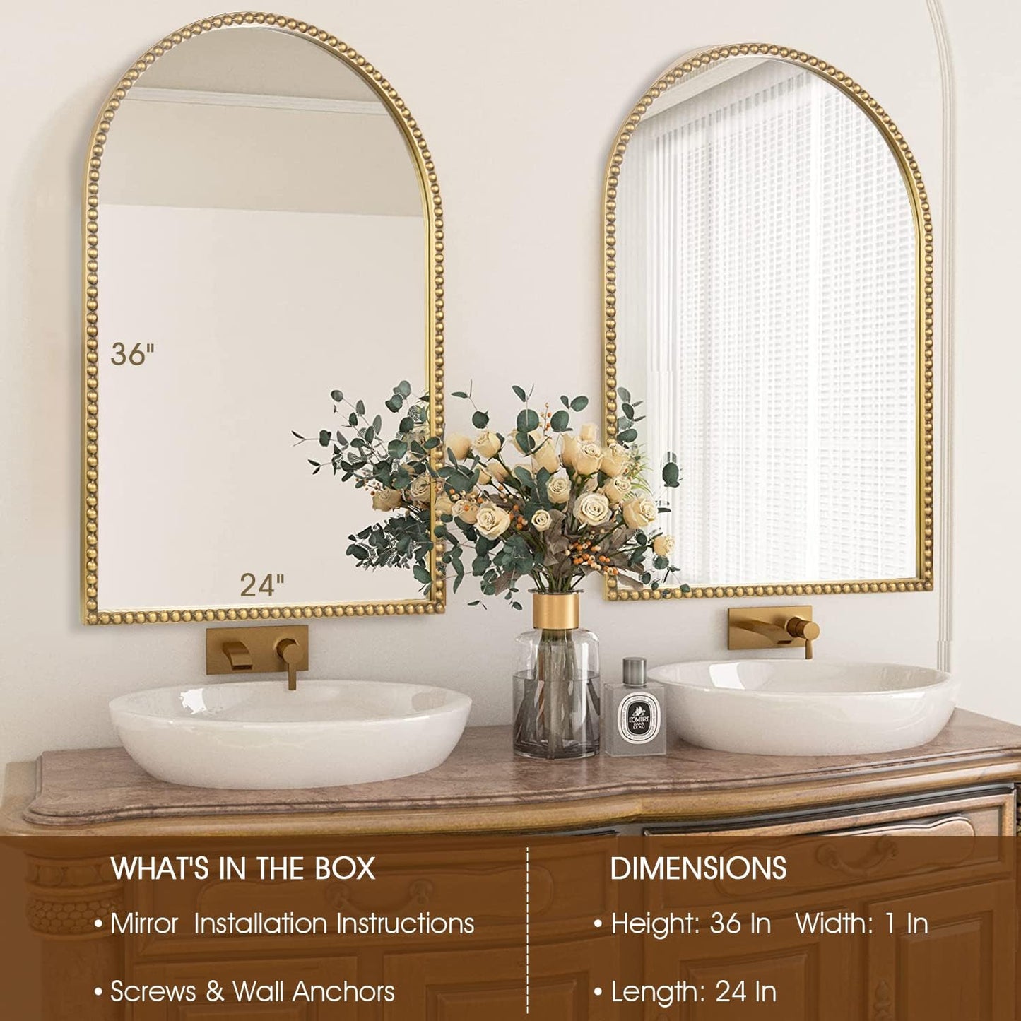 Arched Wall Mirror for Bathroom - 24"x36" Metal Beaded Frame Decorative Accent Mirror, Large Modern Rustic Distressed Hanging Wall Decor for Washroom, Bedroom, Living Room, Entryway, Antique Gold