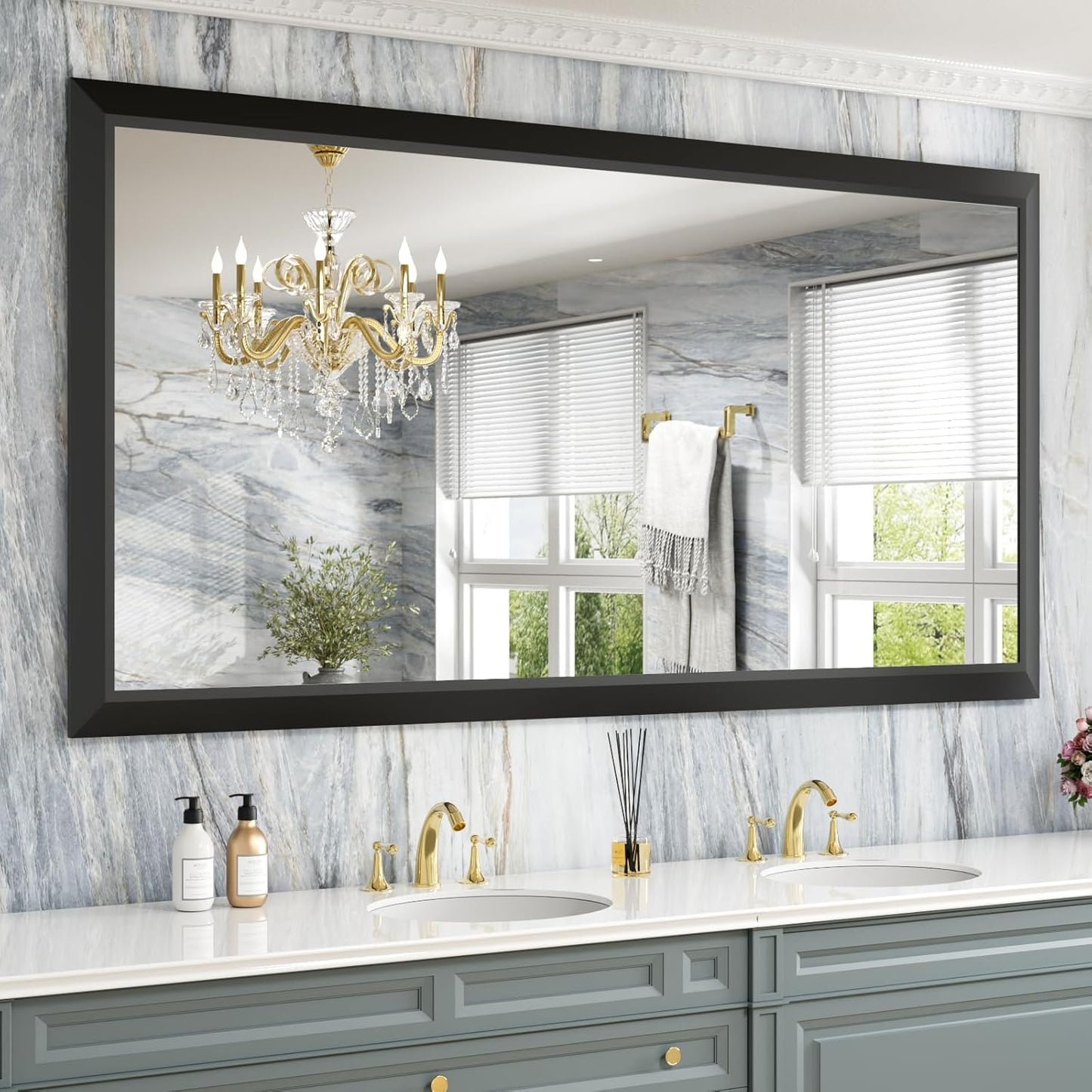 Amorho Black Bathroom Mirror, 72 X36 Inch Thick Metal Framed Wall Mirrors for Over 2 Sinks, Bedroom, Living Room, Entryway, Large Rectangle Wall-Mounted Mirrors.
