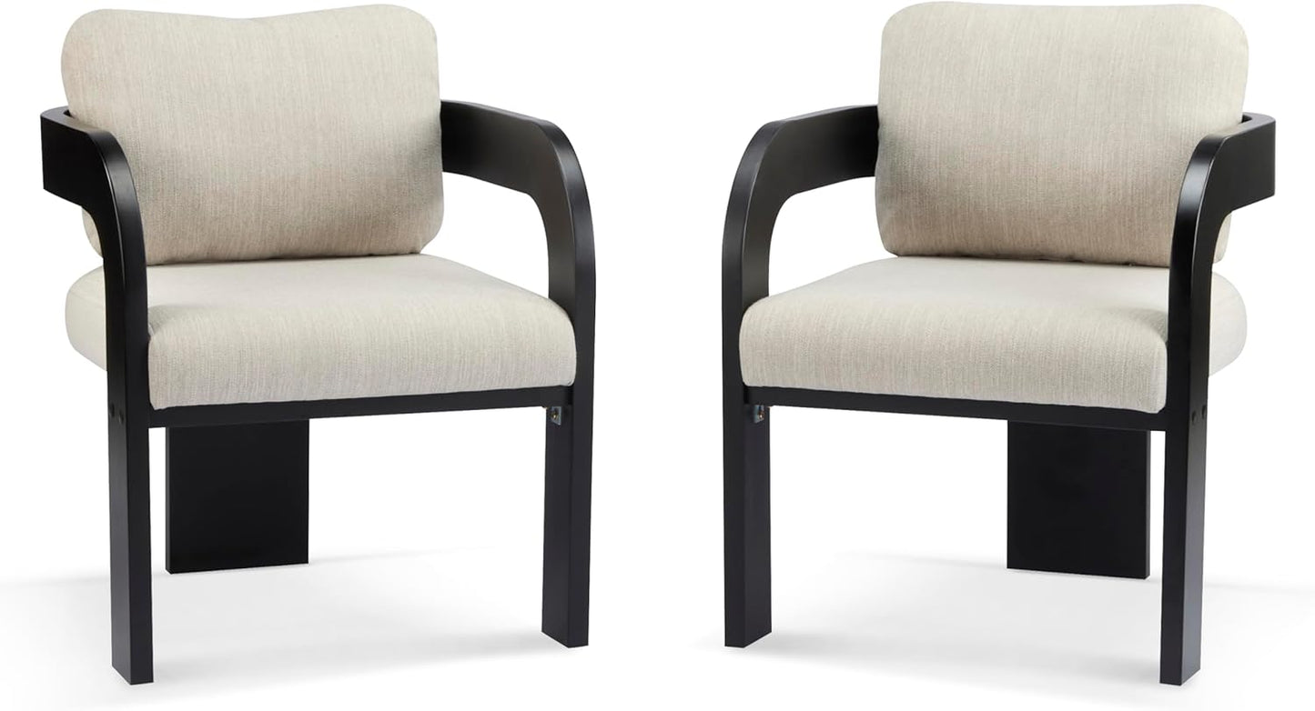 Christopher Knight Home Yorick Modern Dining Chair Set of 2 with Cushion, Solid Wood Dining Room Armchair Set, Curved Backrest Kitchen Side Chair, Living Room Comfy Extra Seat, Black+Beige