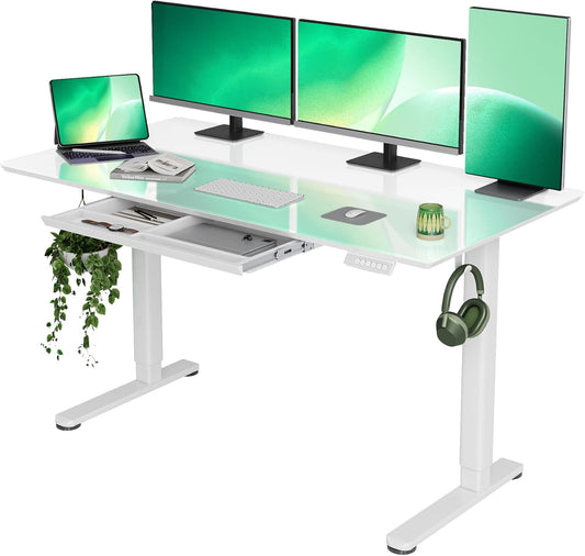 INNOVAR Glass Standing Desk with Drawers, 55×27.6 Inch Adjustable Stand Up Desk Quick Install Home Office Computer Desk, Super White