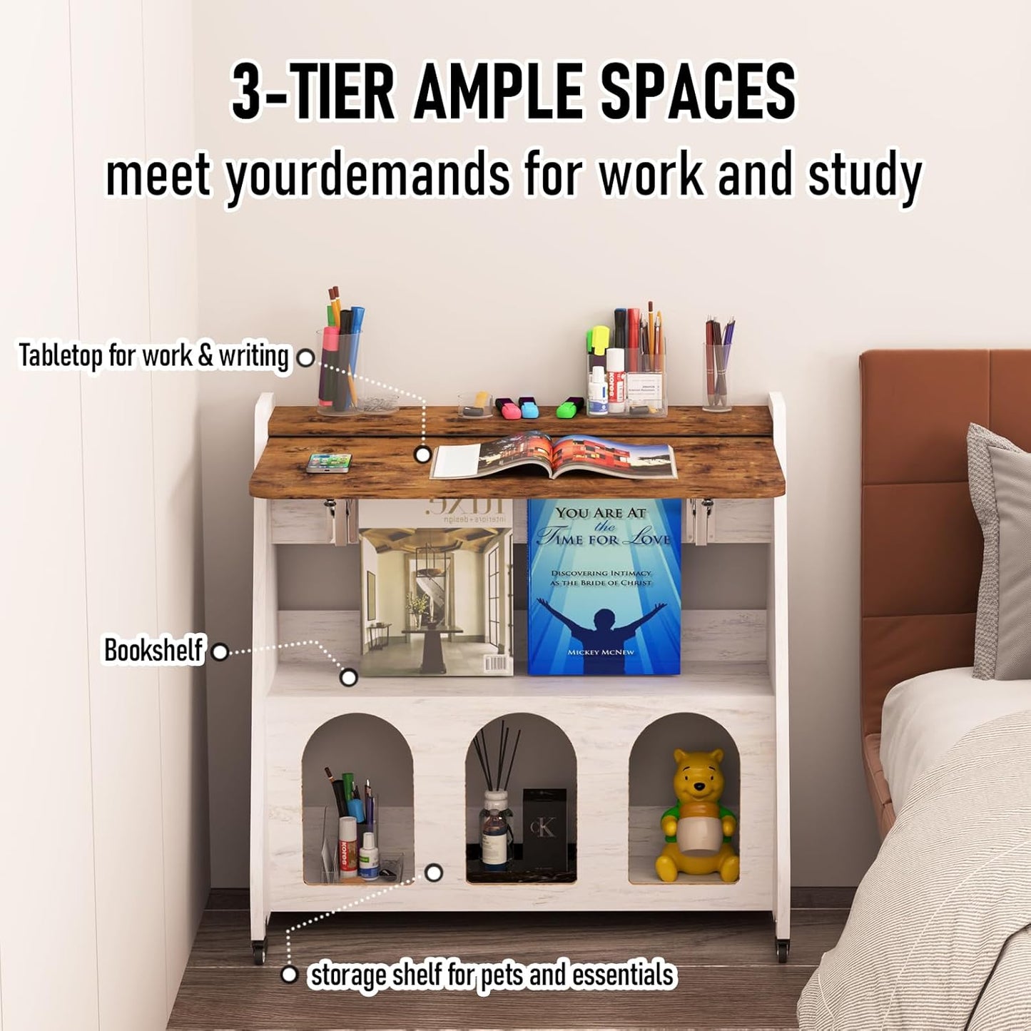 Pmnianhua Home Office Desk with Wheels,Multipurpose Mobile Workstation,Rolling Computer Writing Desk with 4 Lockable Wheels and Storage(Rustic Brown)