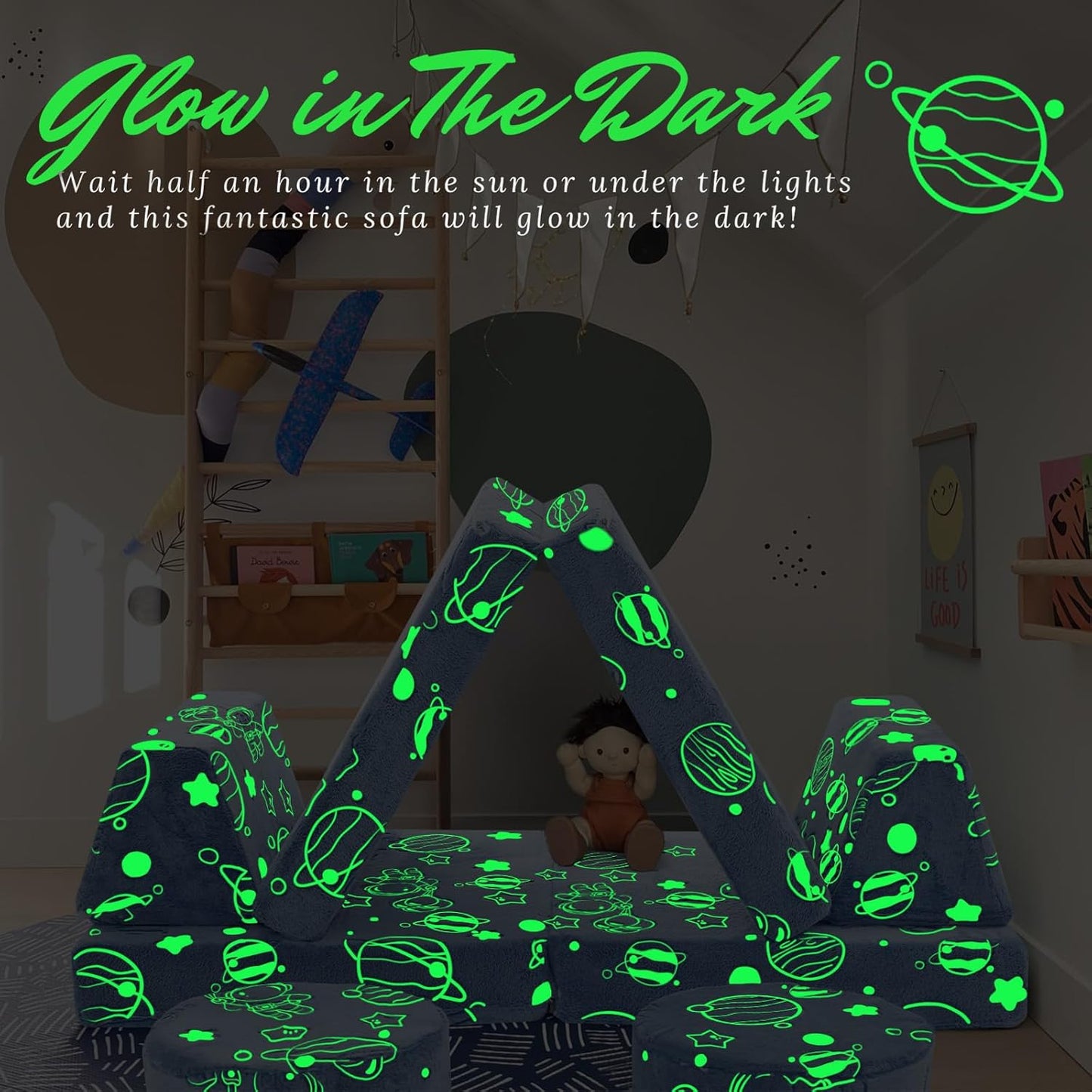 MeMoreCool Modular Glow Sofa for Kids, Space-Themed 8-Piece Convertible Foam Couch Play Set with Celestial Patterns for Toddlers and Playroom