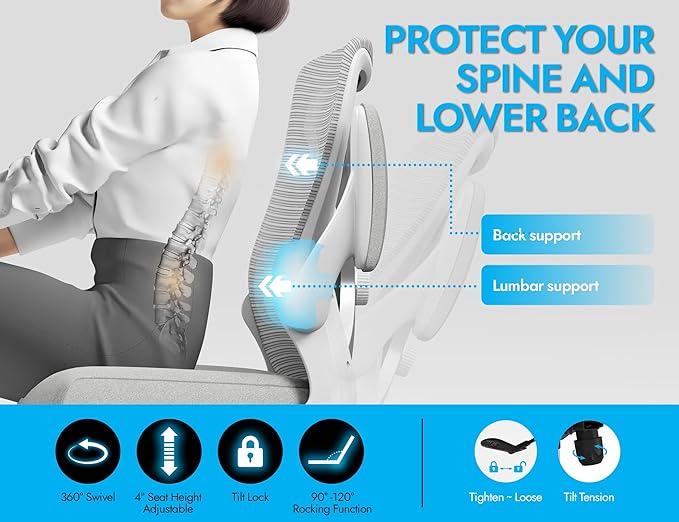 Office Chair Ergonomic Desk Chair Comfy: 330LBS Mesh Computer Chair Ergonomic Gaming Chairs with Wheels Adjustable Lumbar Support and Flip up Armrest-Swivel Executive Chairs Long Hours (Silver)