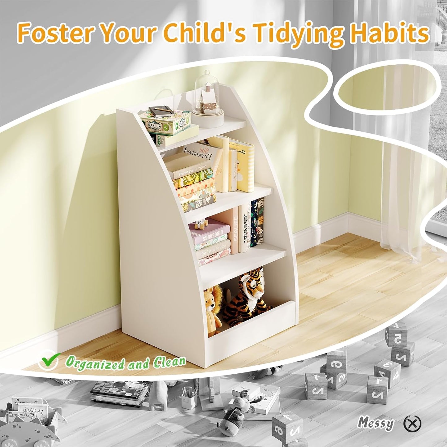 Kids Bookshelf and Toy Organizer,4 Tier Kids Book Shelf for Kids Rooms,Wood Children Bookcase,Baby Storage Book Rack,Toddler Bookshelf,Toy Storage Organizer,Book Display Shelf for Playroom, Nursery