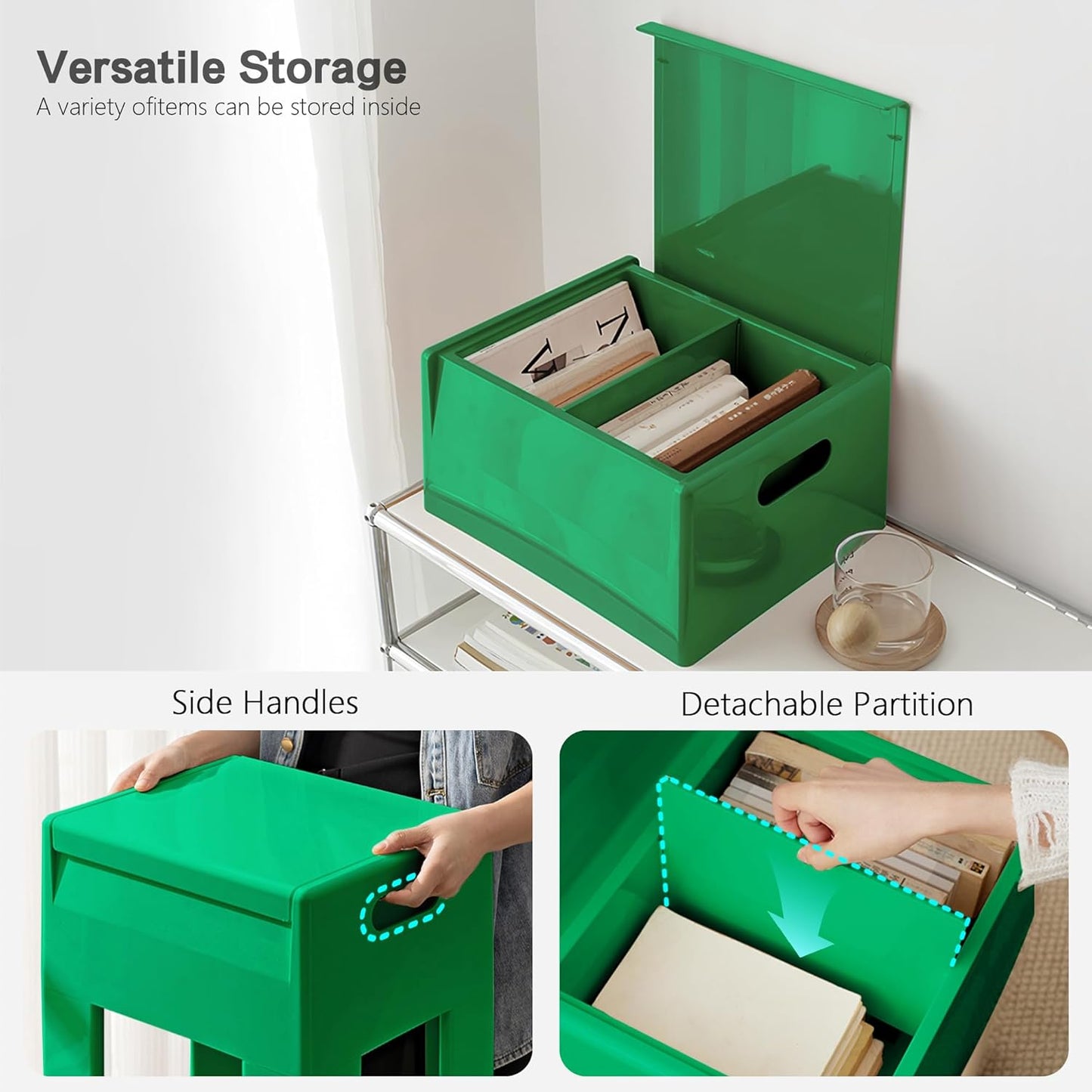 Nightstand Bedside with Storage Space, Multifunctional Colorful Plastic End Table Small Side Table for Bedroom, Dorm and Small Spaces, Easy Assembly(14.7" D x 11.8" W x 15.8" H, Green)