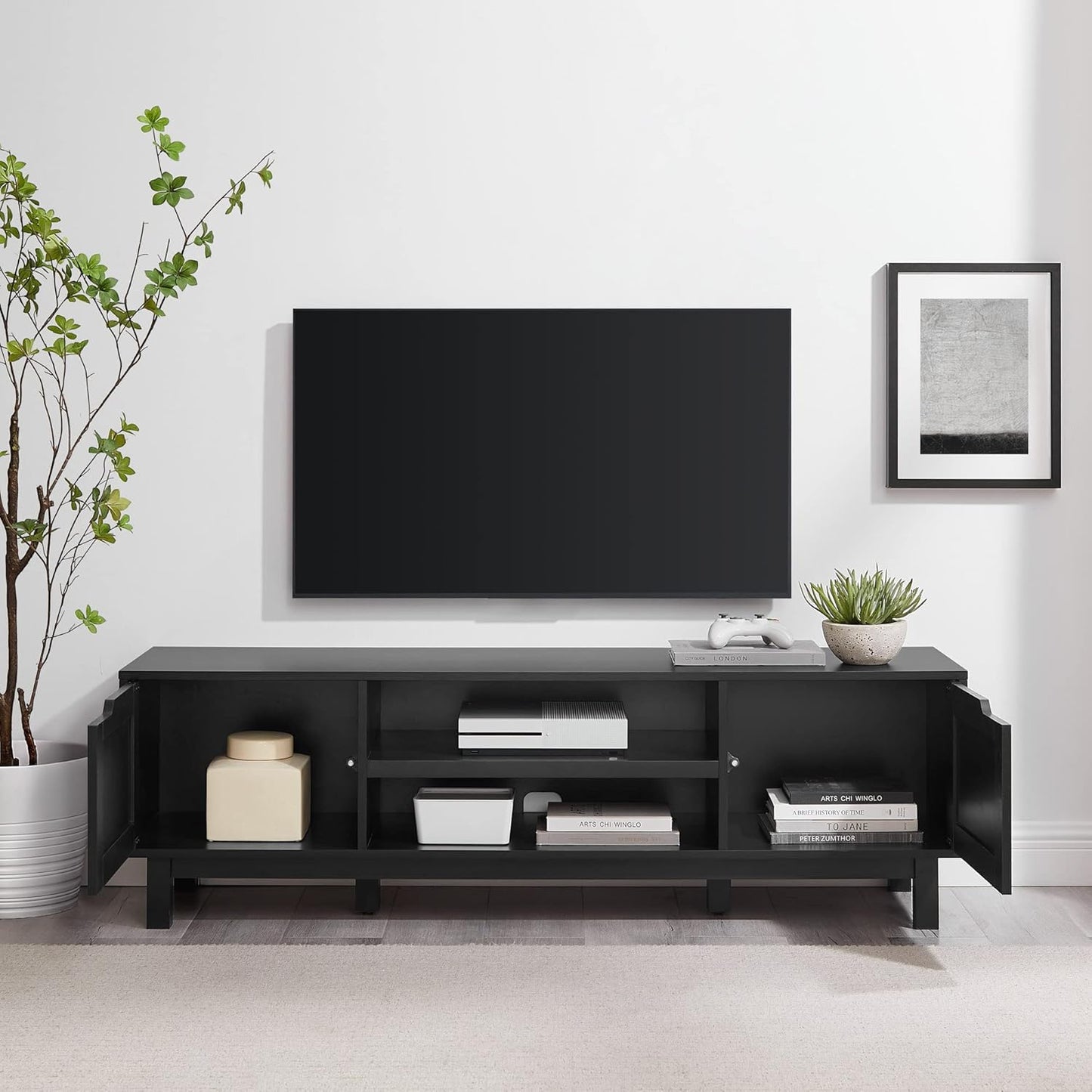 Walker Edison Tage Modern Pull-Open Door Low Stand for TVs up to 65 Inches, 58 Inch, Solid Black