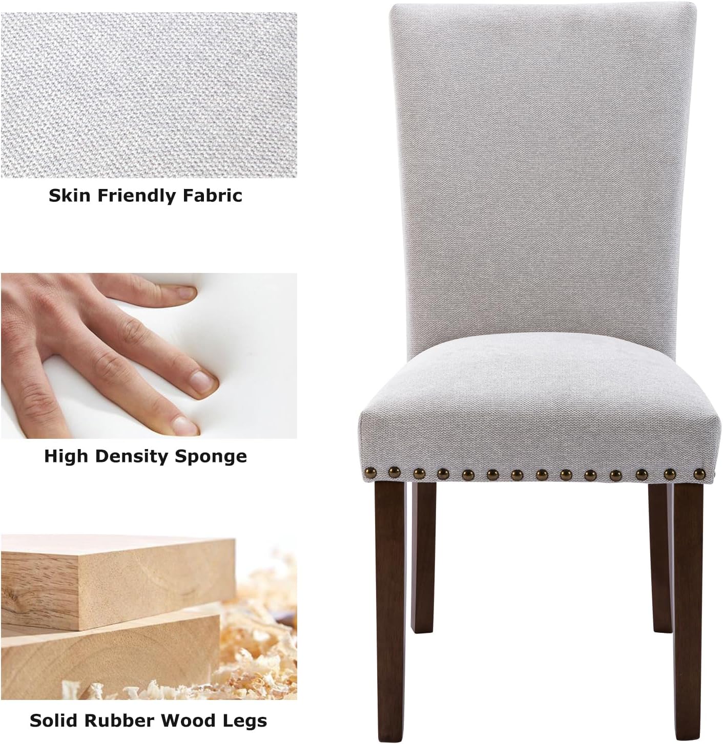 COLAMY Parsons Dining Chairs Set of 6, Upholstered Fabric Dining Room Kitchen Chair with Nailhead Trim and Wood Legs - Light Grey