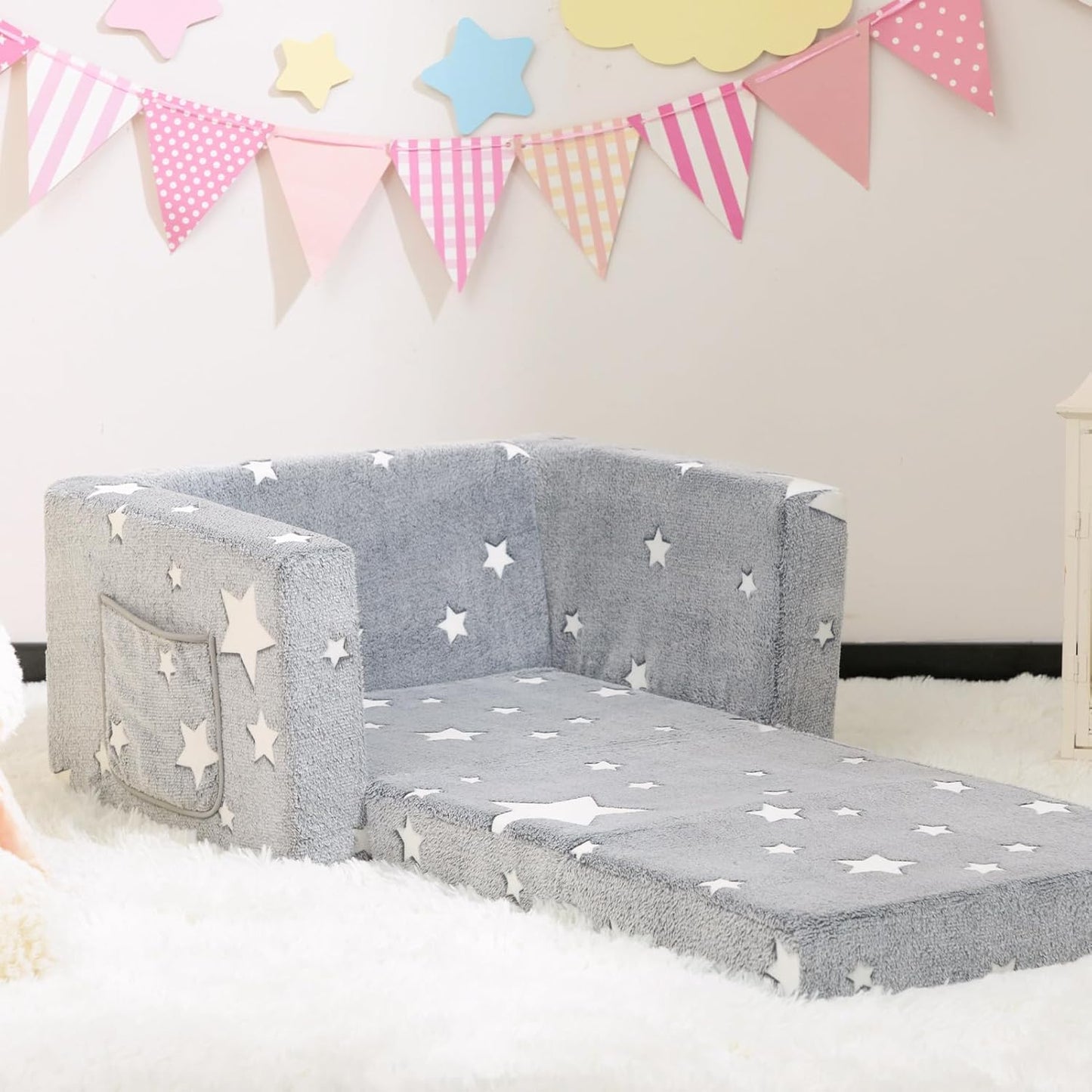 ALIMORDEN 2-in-1 Toddler Fold Out Couch, Comfy Convertible Sofa to Lounger, Glow-in-The-Dark Star Pattern Foam Seat for Little Ones with Removable Washable Cover