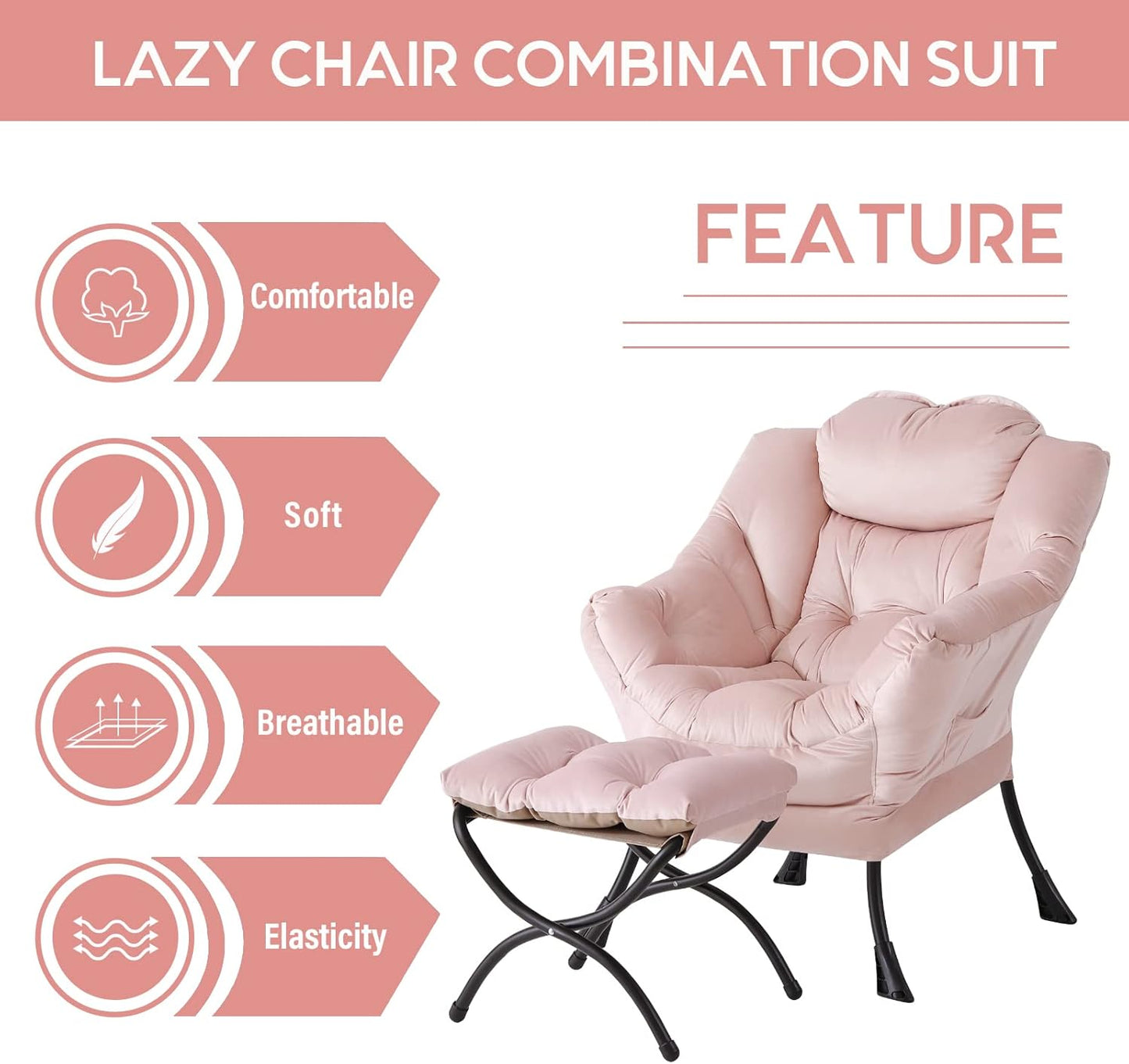 LITA Lazy Chair With Ottoman, Modern Accent Leisure Upholstered Sofa, Contemporary Lounge Reading With Armrests and Side Pocket for Living Room, Bedroom & Small Space, Pink