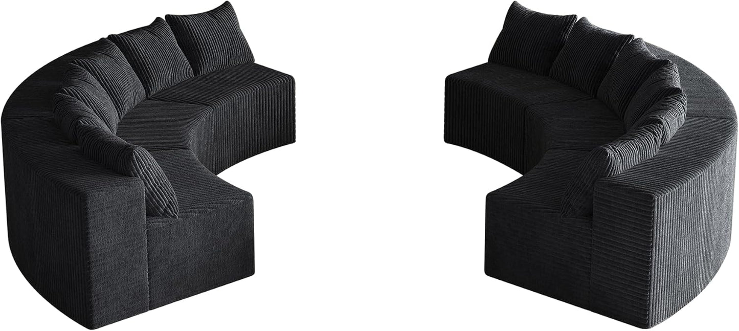 KEIKI Corduroy Curved Sectional Sofa, 6 Seater Symmetrical Modular Semi Circular Couch, Deep Seat Tufted Corner Sofa for Living Room, Lobby, Black