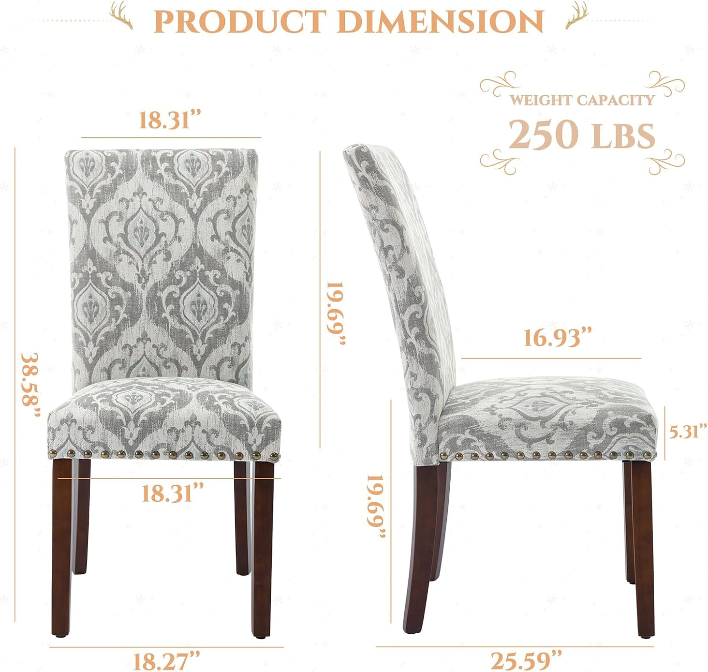 Parsons Dining Chairs Set of 2, Upholstered Nailhead Dining Room Kitchen Side Chair with Thick Cushions and Wood Legs, White/Grey