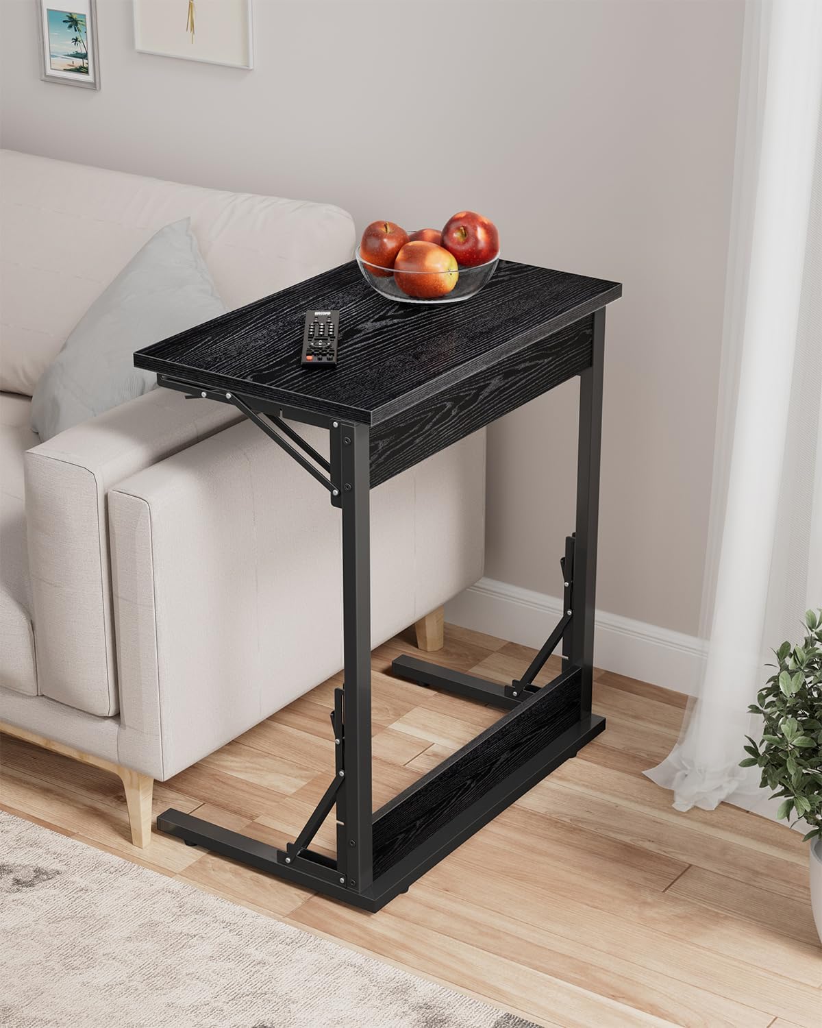Tatub Folding TV Tray Table Set of 2, 24" Wide C-Shaped End Table for Couches, Small Sofa-Side Laptop Desk with Metal Frame for Living Room, Bedroom, Dark Black