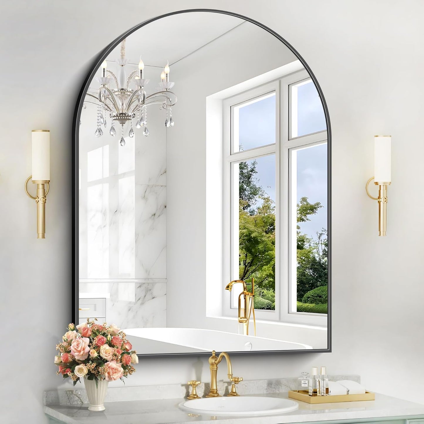 Arched Bathroom Mirror, 36x48IN Black Bathroom Mirror with Metal Frame, Wide Wall Mounted Mirrors Decor Modern Dresser Mirror for Bedroom Living Room Entryway
