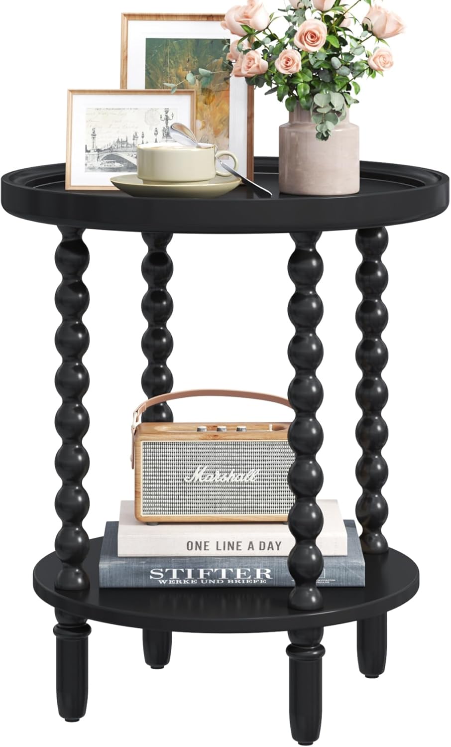 Gadroad Round End Table with Storage Shelf, 2 Tier Couch Side Table, Wood Coffee Table for Living Room, Bedroom, Black 19.3 * 19.3 * 25.6 inches