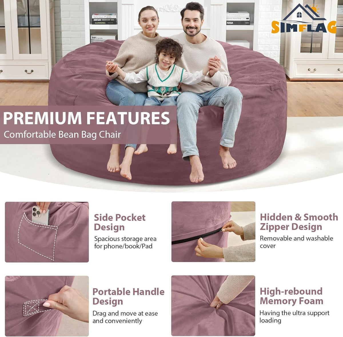 6FT Bean Bag Chair, Large Bean Bag Chairs with Memory Foam Filled, Fluffy Beanbag Sofa with Dutch Velvet Cover, Round BeanBag Chairs for Living Room, Playroom - Dusty Pink