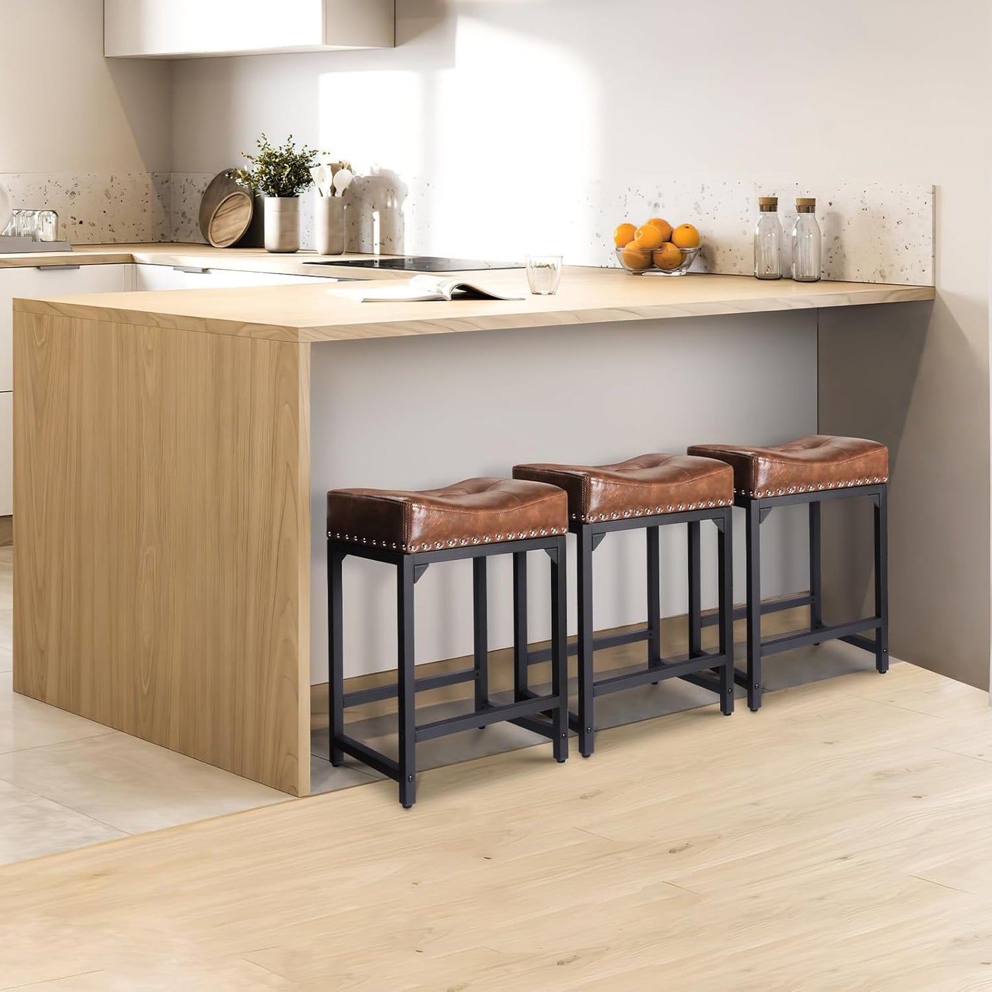 Bar Stools Set of 2, Counter Height Bar Stools for Kitchen Counter, 24 Inch Saddle Barstools Kitchen Stools, Counter Height Stools for Bar, Kitchen, Island-Brown