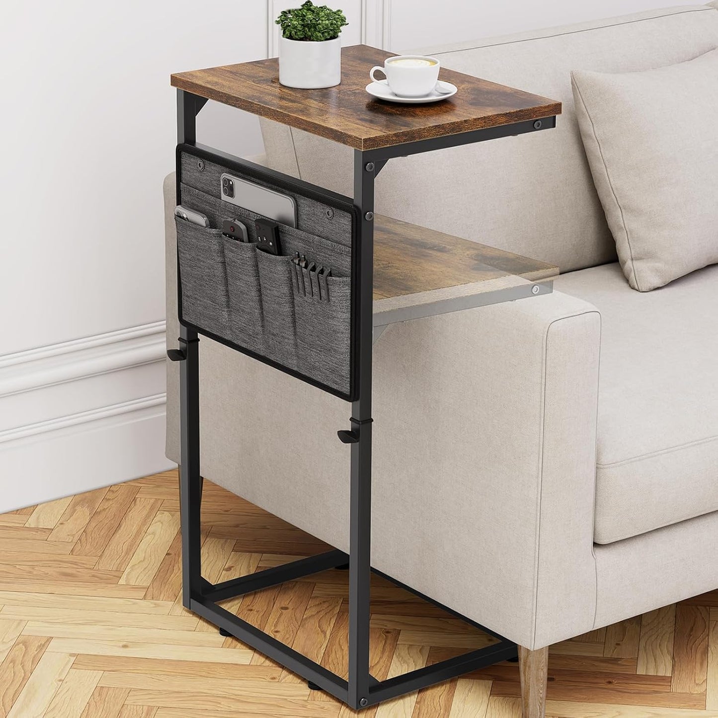 Vagusicc C Shaped End Table, 33'' Tall Side Table for Couch, Adjustable Height Small Couch Side Table for Small Spaces, End Table Slide Under Sofa Table TV Tray Table Arm Table for Living Room, Brown