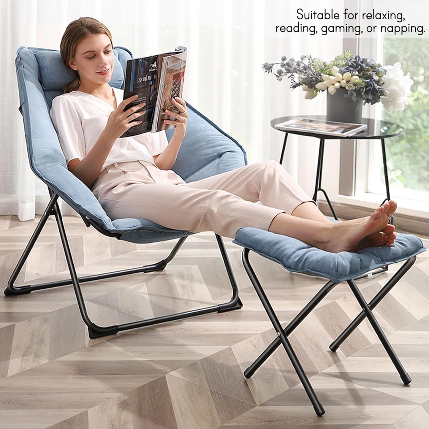 Hexagon Foldable Living Room Chair, Saucer Chair for Adults, Comfy Bedroom Lounge Chair, Moon Chair, Lazy Folding Chair for Dorm Rooms(Ottoman-Blue)