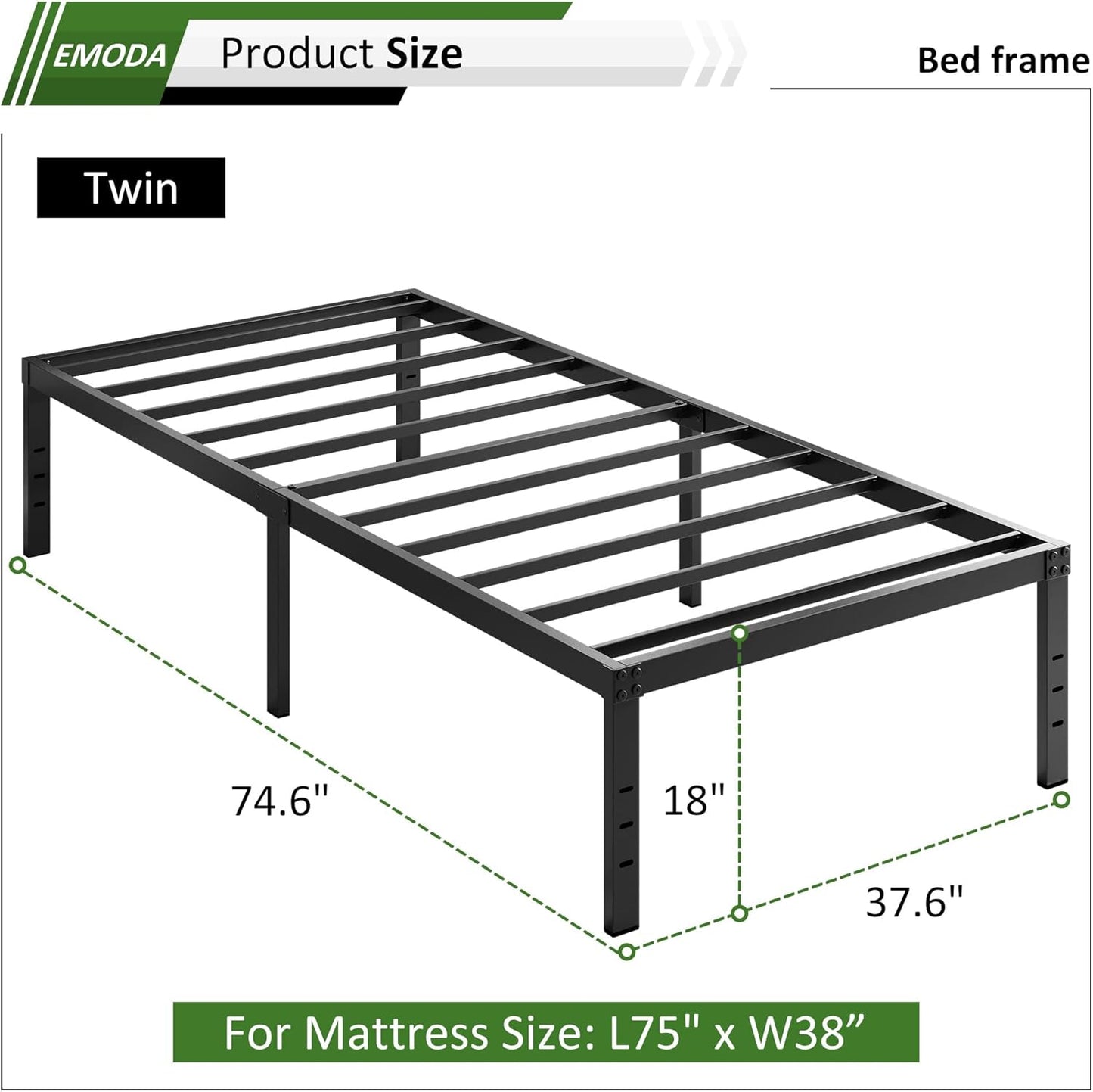 EMODA 18 Inch Twin Bed Frame No Box Spring Needed, Heavy Duty Tall Metal Twin Platform Bed Frames with Large Storage Space, Noise Free, Easy Assembly, Black
