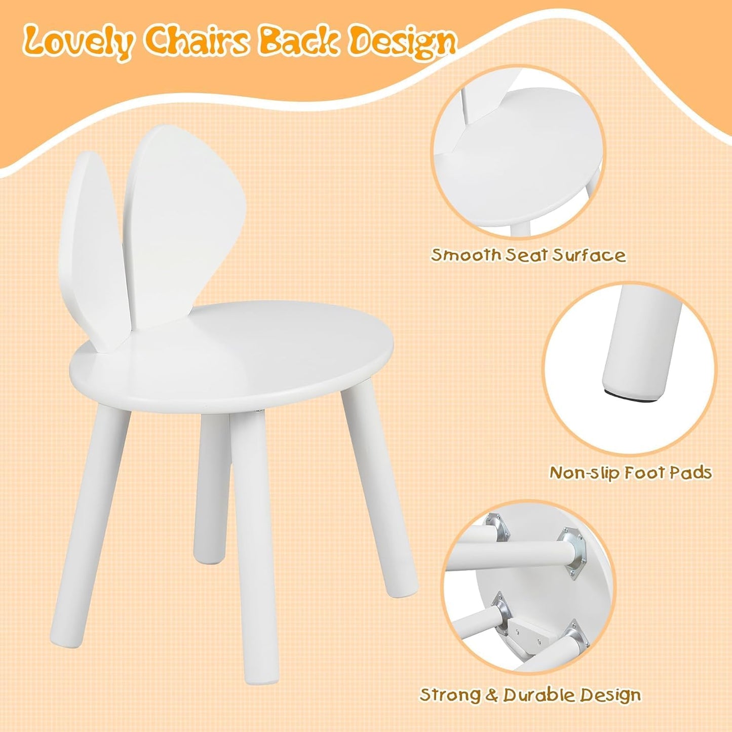 VECELO Kids Table and Chair Set, Wooden Oval Toddler Table with 2 Bunny Ear Chairs, Playroom Furniture for Drawing, Crafts, and Activities, Easy Assembly, Pure White