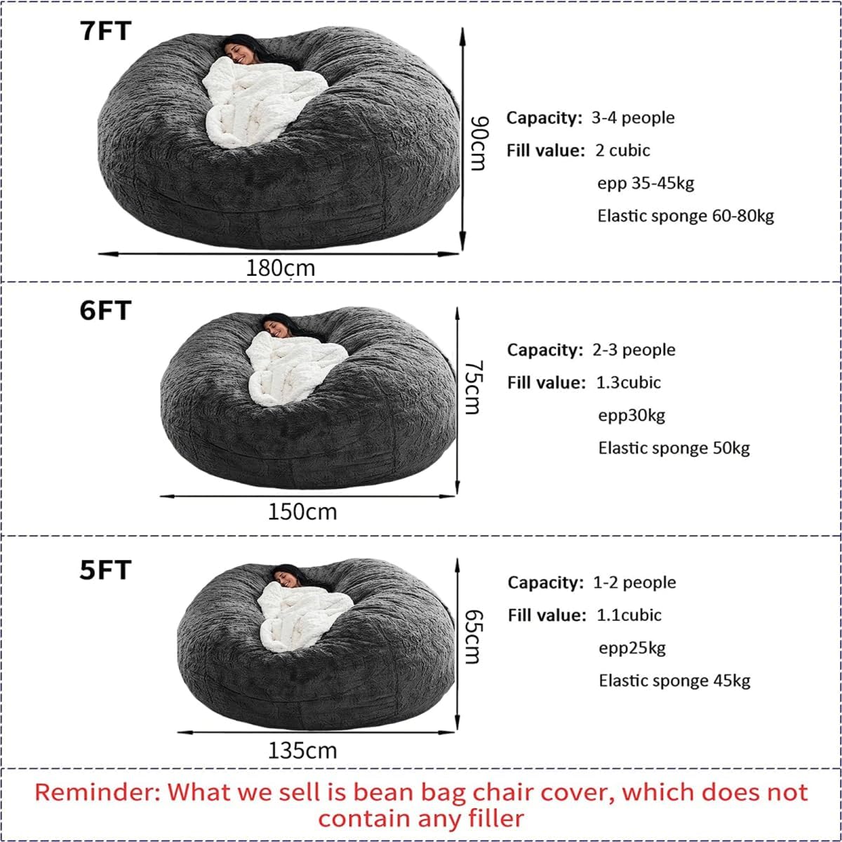 Bean Bag Chairs for Kids Comfy Fluffy Big Bean Bag Chair Cover Without Filler Round Sofa Chairs for Bedroom Living Room Decor, 5FT, Silver Pink