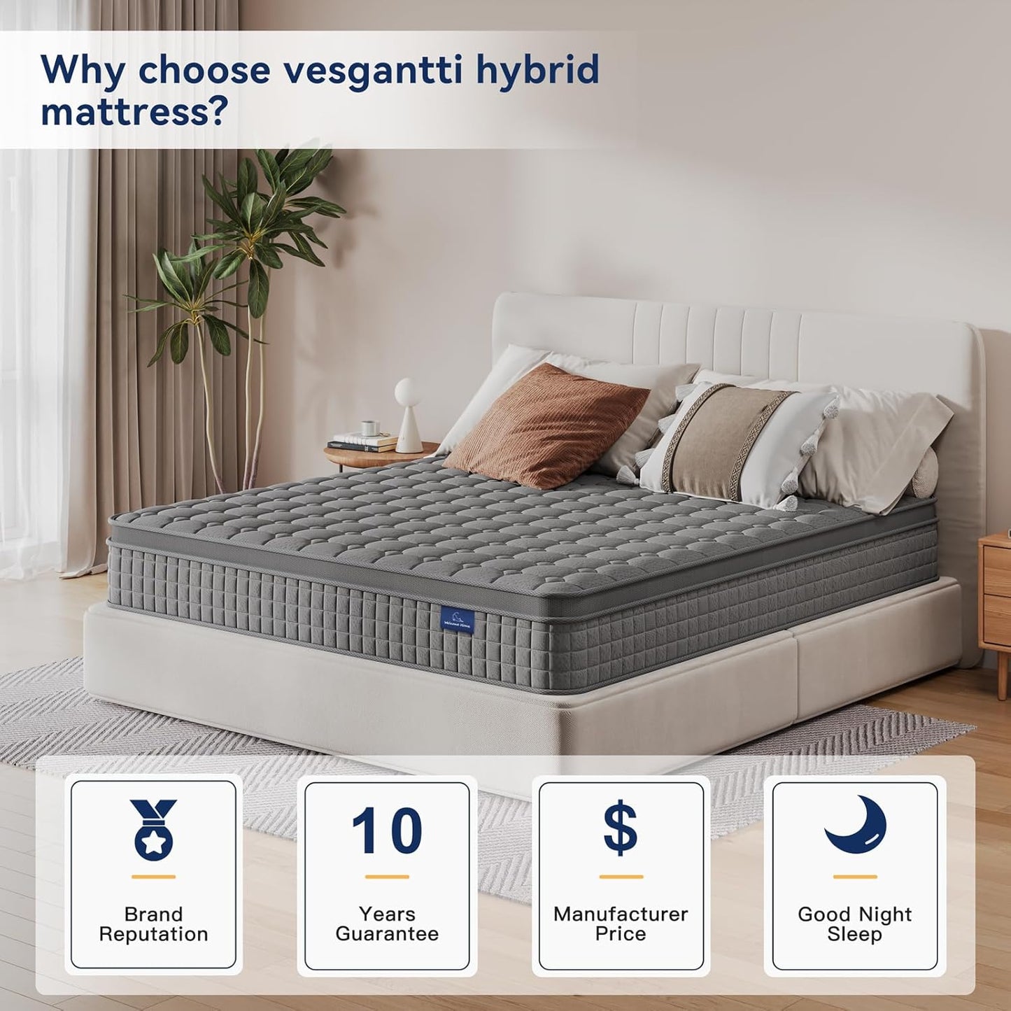 Vesgantti 10 Inch Multilayer Hybrid Cal King Mattress - Multiple Sizes & Styles Available, Ergonomic Design with Memory Foam and Pocket Spring, Medium Firm Feel, Grey