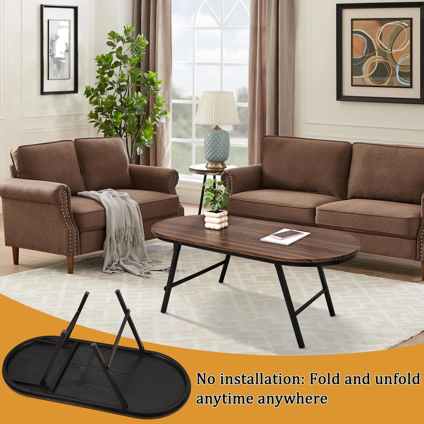 Folding Coffee Table for Small Spaces Wood and Metal Oval Coffee Tables No Assembly Low Coffee Table for Living Room, Home, Office, Rustic Brown