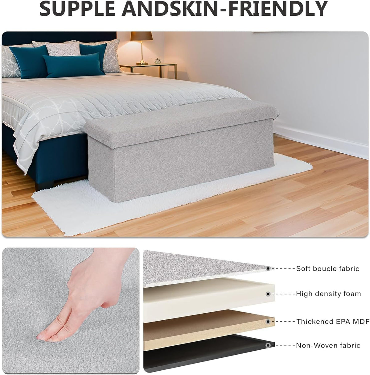 43 Inches Storage Ottoman Bench - Extra Large Foldable Ottoman with Storage, Bench for Living Room, Bedroom, Entryway - Grey