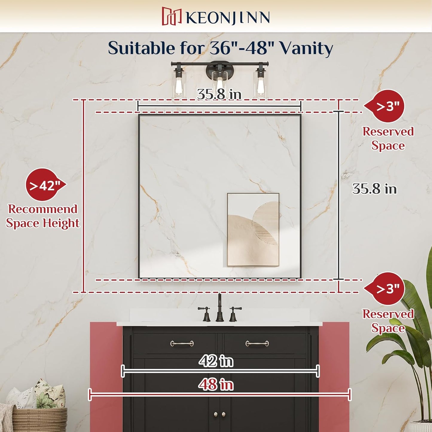 Keonjinn Brushed Gold Bathroom Mirror 36 x 36 Inch Gold Wall Square Mirror Metal Framed Rectangular Mirror for Bathroom Aluminum Alloy Frame Gold Vanity Mirror for Over Sink(Horizontal/Vertical)