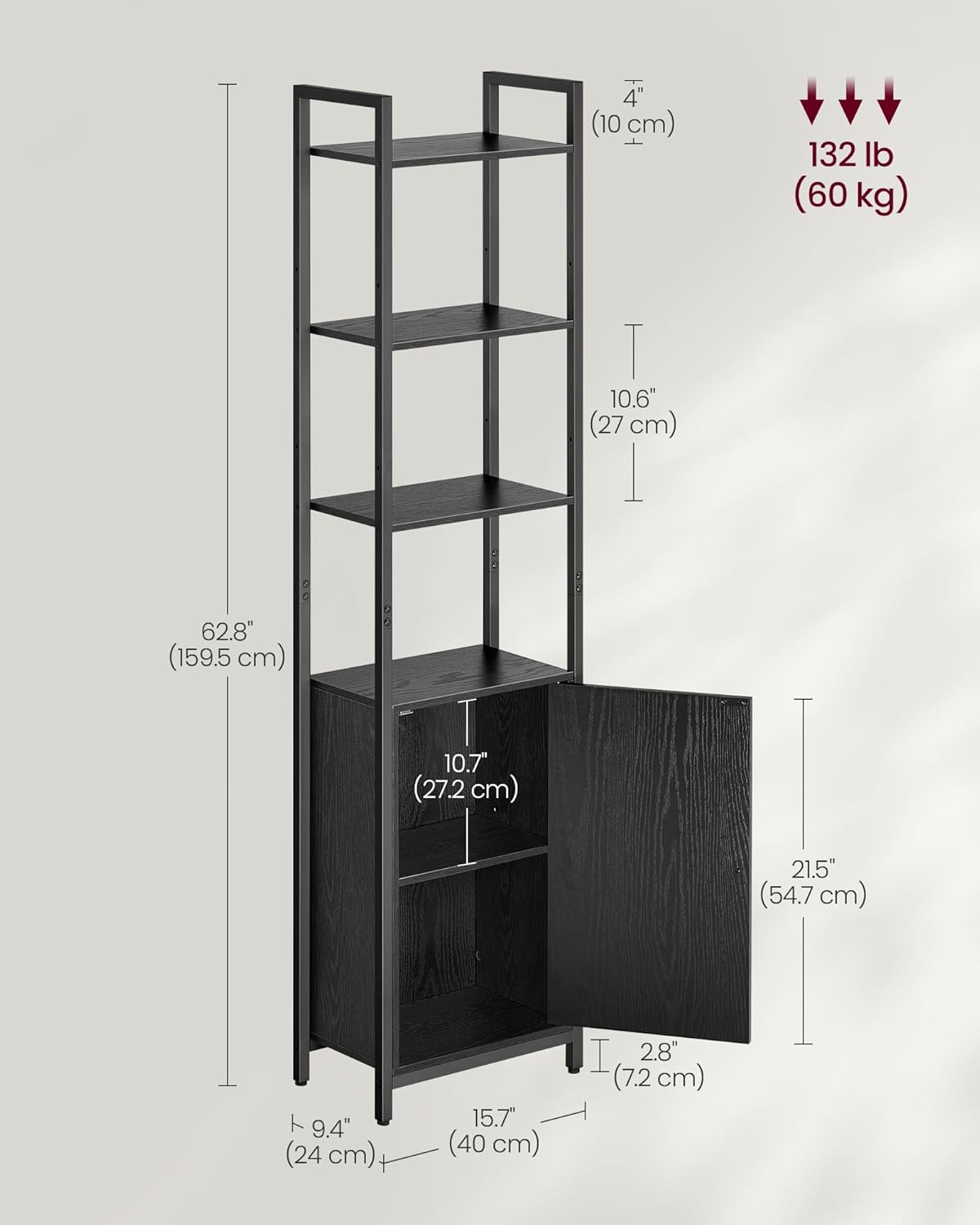 VASAGLE 6-Tier Bookshelf, Tall Bookcase with Cabinet, Steel Frame, Adjustable Shelves, 9.4 x 15.7 x 62.8 Inches, Living Room Bedroom, Ebony Black and Ink Black ULLS132B01