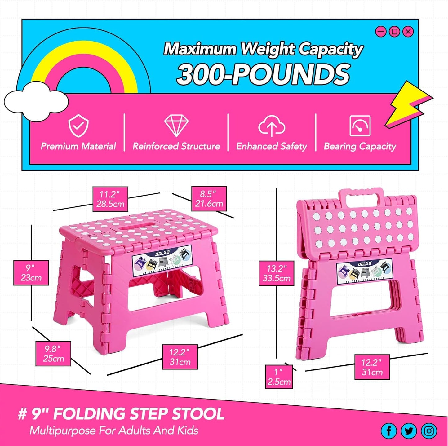Delxo Folding Step Stool, 9 inch Non-Slip Foldable Stools Up to 300 LBS, Step Stool with Handle, Lightweight for Kitchen, Bathroom, Bedroom, Garden, Rose Pink, 1PC