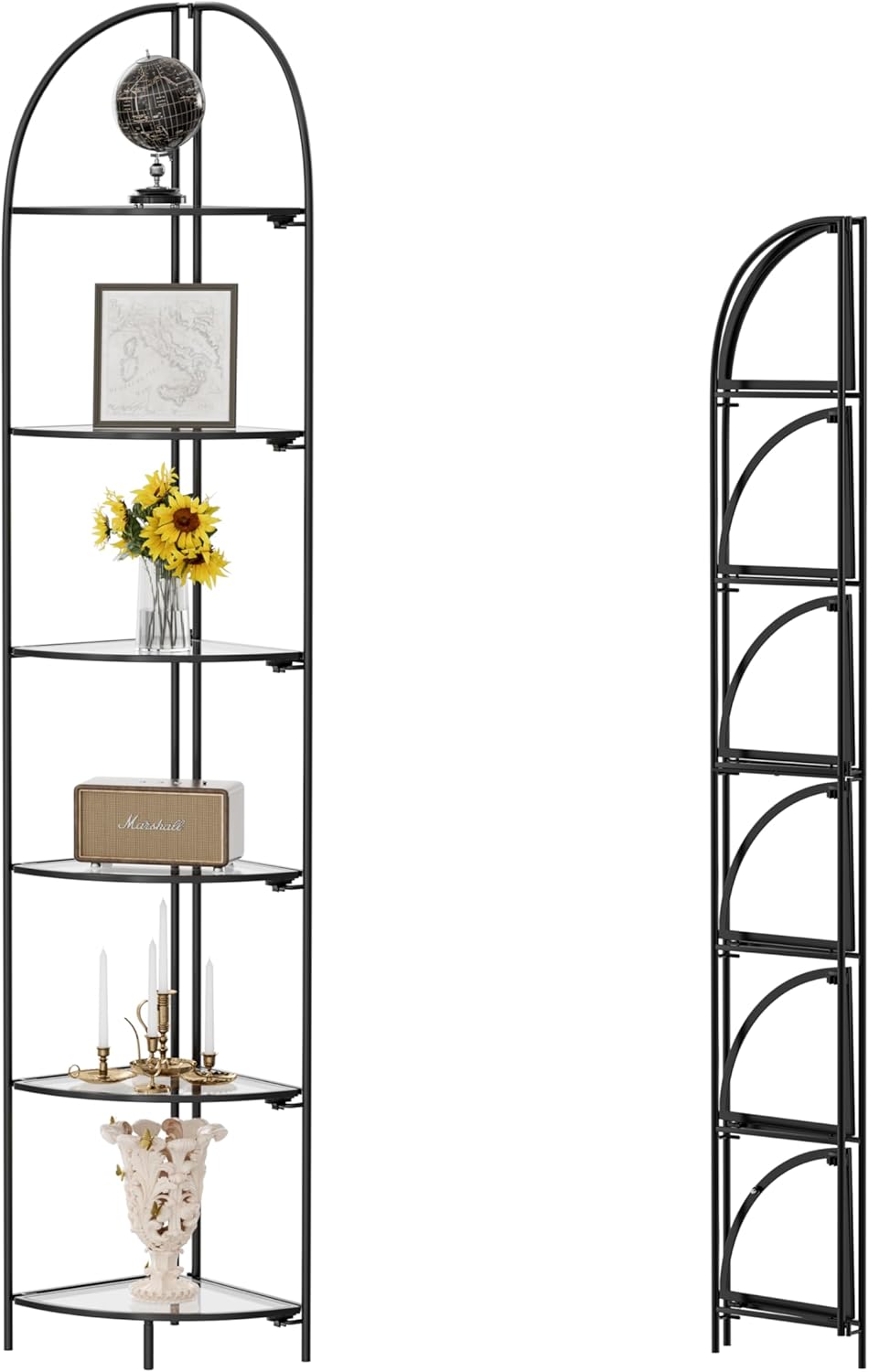 Crofy Foldable 6 Tier Corner Shelf, Metal Corner Plant Stand with Black Frame and Transparent Shelves, Corner Display Rack Multipurpose Shelving Unit for Living Room, Bedroom, Bathroom