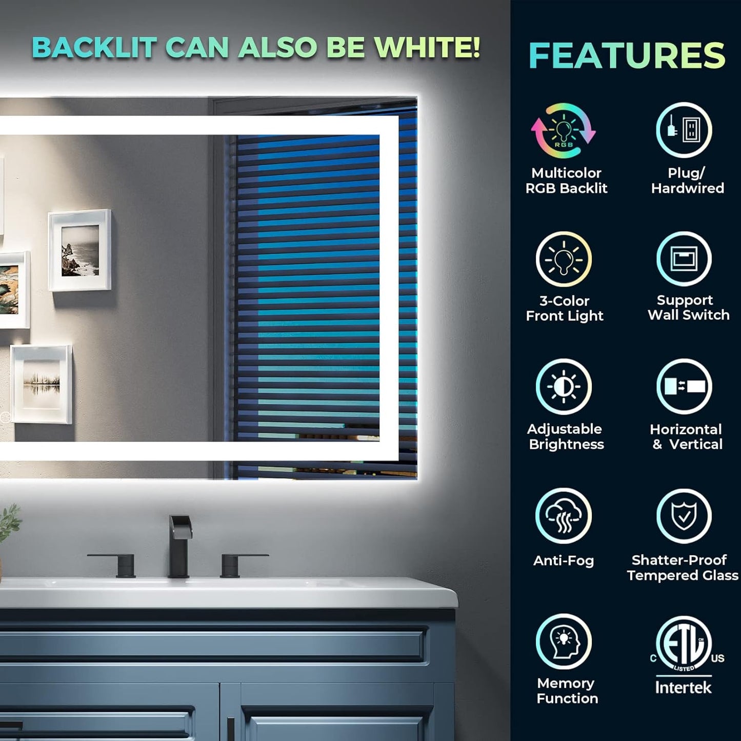 24x36 Inch RGB LED Bathroom Mirror Front Light and RGB Backlit Lighted Vanity Mirror for Bathroom Wall Mounted Dimmable Anti Fog Memory Shatter-Proof IP54 Waterproof Horizontal/Vertical