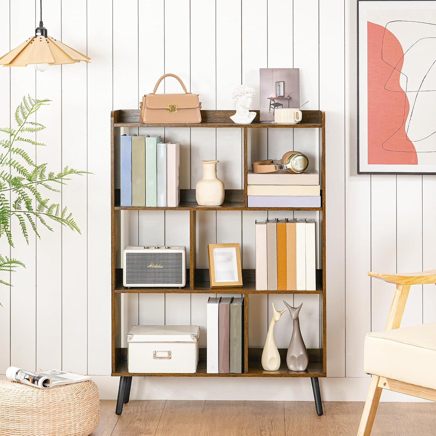 HOOBRO 6 Cube Bookshelf, 4 Tier Bookcase with Legs, Mid-Century Modern Bookshelves, Large Open Storage Shelf, Wooden Book Case for Living Room, Bedroom, Office, Kitchen, Rustic Brown FG116SJ01