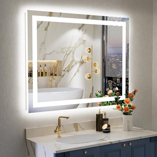 28x36 Inch LED Bathroom Mirror with Lights Front and Backlit Lighted Vanity Mirror for Bathroom Wall with 3 Colors Dimmable Anti-Fog Memory Shatter-Proof IP54 Waterproof Horizontal/Vertical