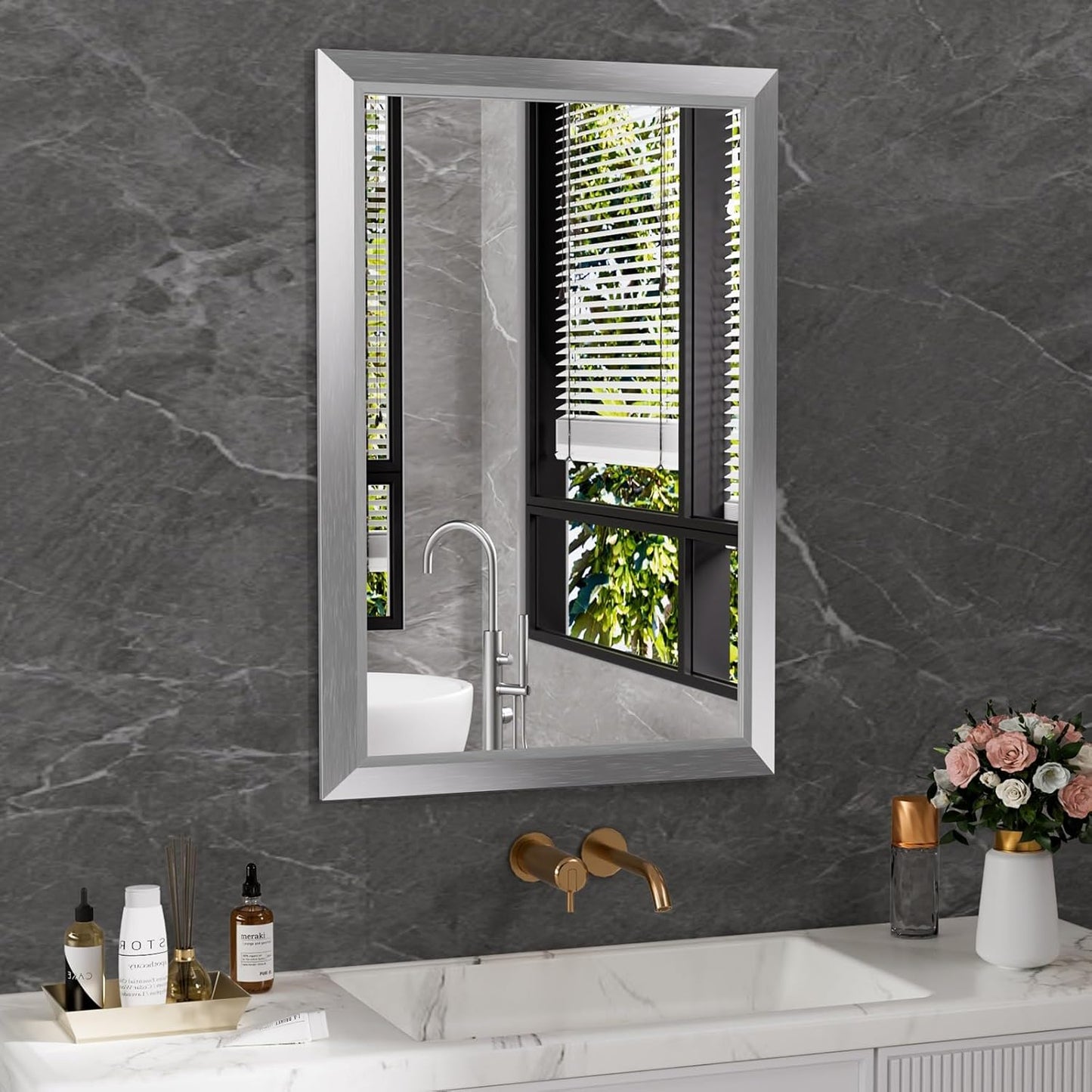 Amorho 24x36 Inch Bathroom Mirror Silver, Thick Metal Framed Wall Mirrors for Over Sink, Brushed Nickel Mirror Perfect for Bedroom, Living Room, Entryway, Rectangle (Horizontal/Vertical).