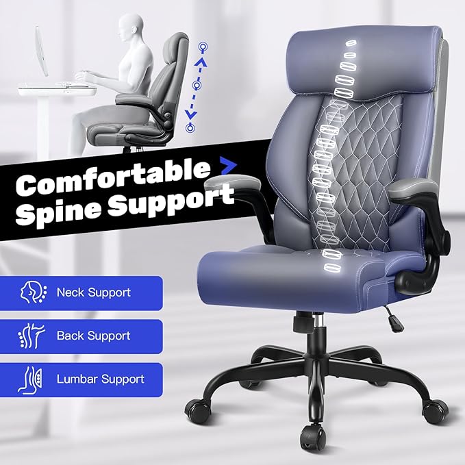 High Back Executive Office Chair - Ergonomic Computer Desk with Rocking Function, Leather Managerial with Adjustable Flip-Up Armrests and Lumbar Support