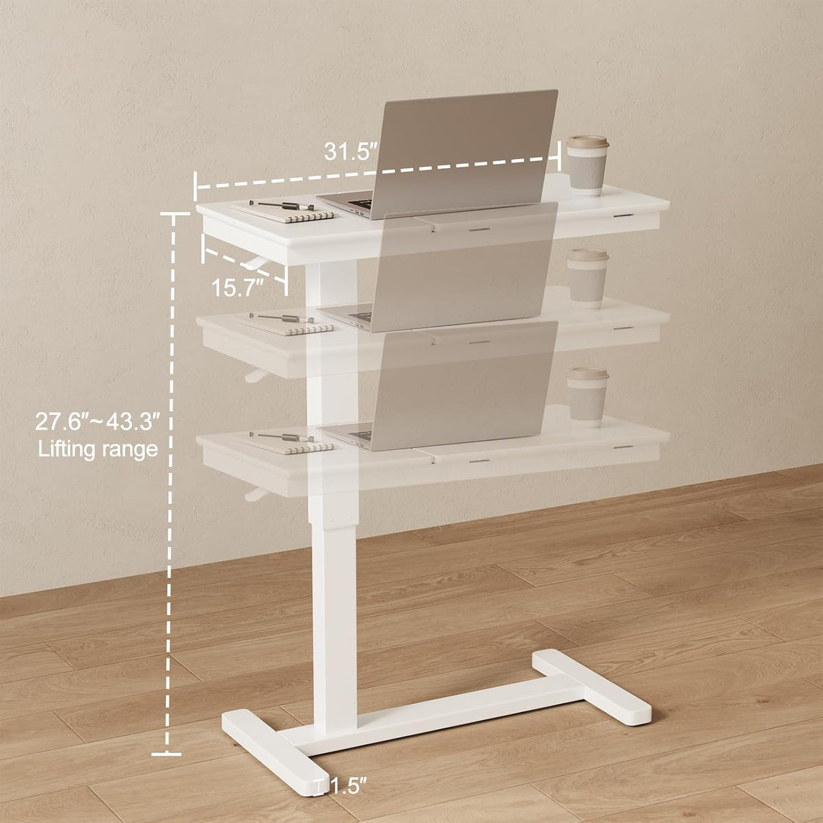 Solid Wood Overbed Bedside Table with Wheels, Adjustable Medical Tilt Top Hospital Bed Table Over The Bed, Rolling Laptop Desk, Mobile Standing Desk for Hospital and Home Use (White)