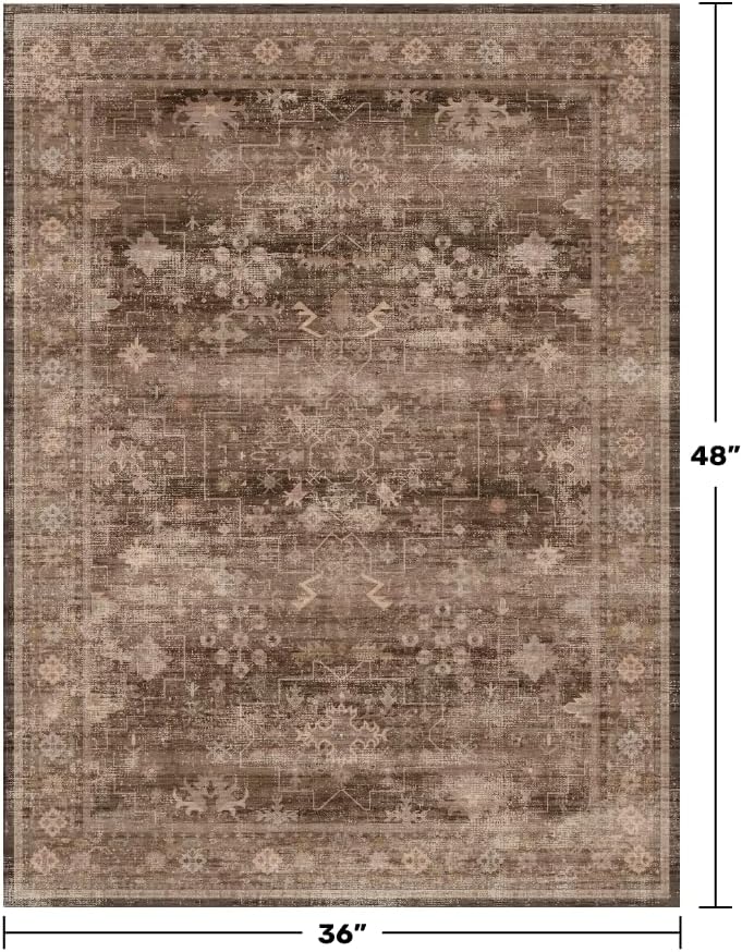 Brown Boho Washable Entry Rug, 3x4 Rugs for Entryway Kitchen Bathroom Door Mat Indoor Entrance, Non Slip Rubber Backing, Stain & Fade Resistant, Earthy Taupe Floral Design