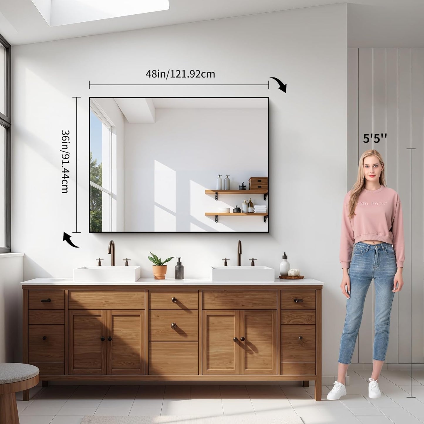 YIROMAN Bathroom Mirror 48"x36", Large Brushed Gold Bathroom Mirror for Over Sink with Aluminum Frame, Rectangular Vanity Mirror with Right Angle, Wall Mirror Hangs Horizontal or Vertical
