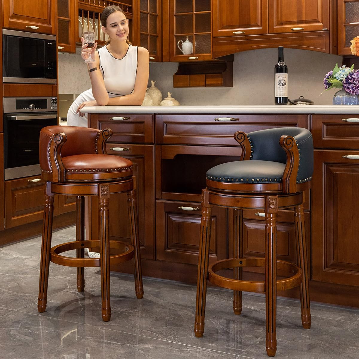 Cow top Leather Wooden Bar Stools, 29.5" Bar Height Bar Chair with Back, 180 Degrees Swivel Barstools Chair for Home Kitchen Counter,Dining Room, Restaurant,Study and Pub,2pcs(Brown)